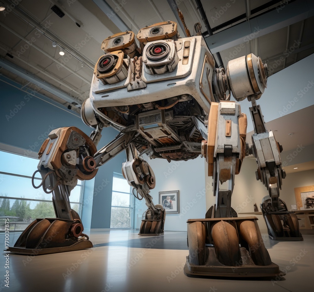 Poster a large robot with two cameras on its back is in a museum. generative ai.