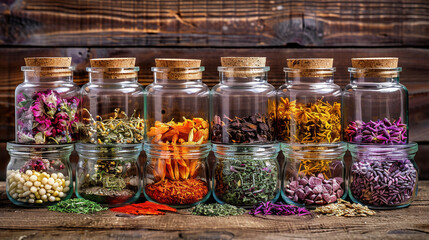 Assortment of Herbal Remedy Ingredients in Glass Jars - obrazy, fototapety, plakaty