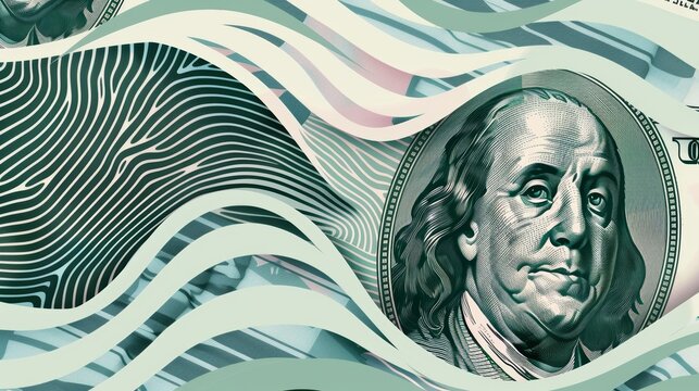 Stylized 100 dollar bill with green wavy lines and abstract patterns. Modern digital art concept for financial design themes