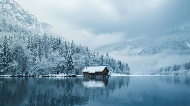 A serene winter haven is depicted in the photo, featuring a small and charming cabin harmoniously blending into the snowy landscape of a mountain lake, offering a peaceful retreat.