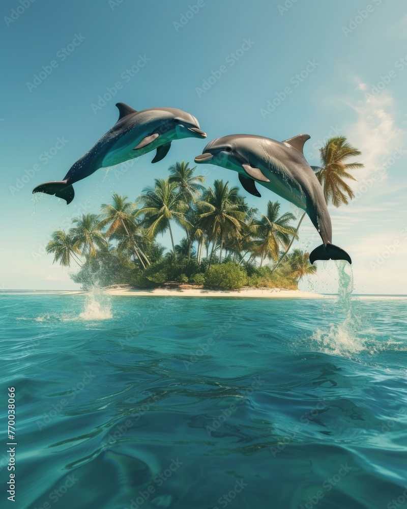 Poster two dolphins jumping in the air over a tropical island. generative ai.