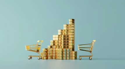 Gold bars in shopping carts on blue background. Financial concept, investment and wealth.