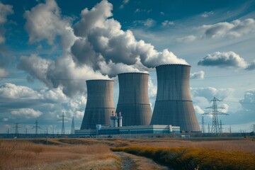 Obraz premium View from afar of a nuclear power plant, operating nuclear reactors against the backdrop of nature, peaceful atom