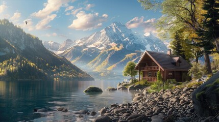 The image showcases a serene retreat, with a small cabin nestled by the tranquil waters of a mountain lake, offering a cozy sanctuary amidst the awe-inspiring mountains.