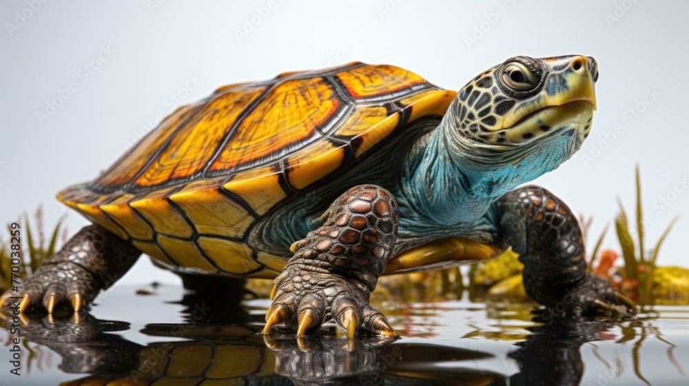 Poster a turtle is standing on a pond with water around it. generative ai.