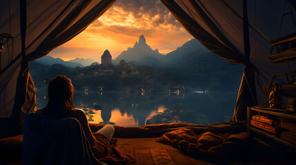 woman relaxing with sleeping bag in tent at night with mountain view