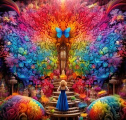 A woman in blue dress standing on steps surrounded by colorful flowers. Generative AI.