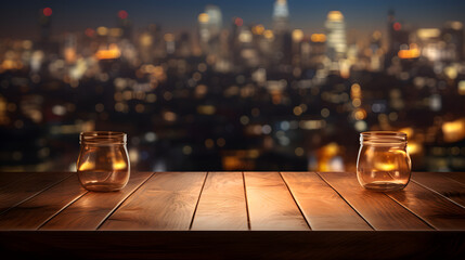wooden table top with blurred effect on city background