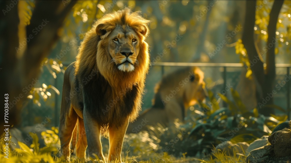 Poster a lion walking through a forest with trees and bushes. generative ai.
