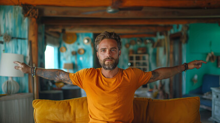 Man stretching on the sofa