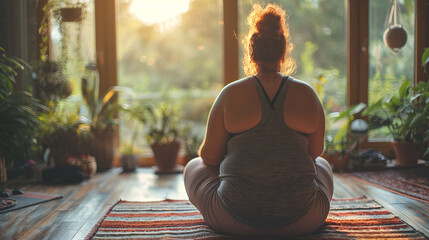 Curvy woman doing yoga at home