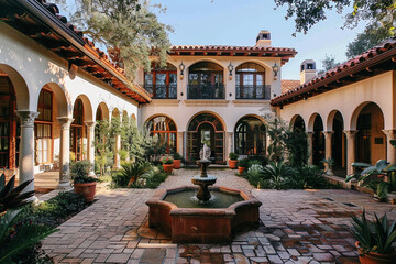 A Mediterranean-inspired villa with arched windows, a tiled roof, and a private courtyard with a fountain.