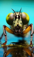 A close up of a fly with big eyes and yellow legs. Generative AI.