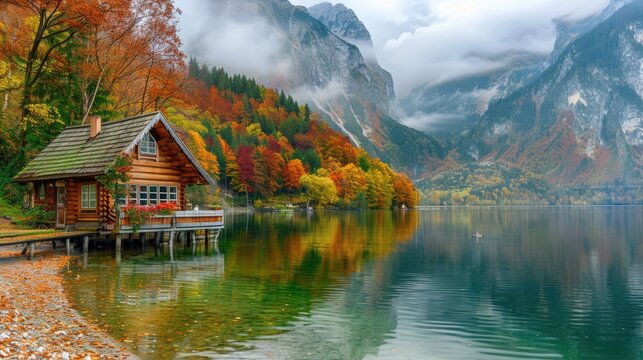 The image captures the tranquility and solitude of nature, with a small cabin nestled by the calm waters of a mountain lake, offering a peaceful respite in the lap of scenic beauty.
