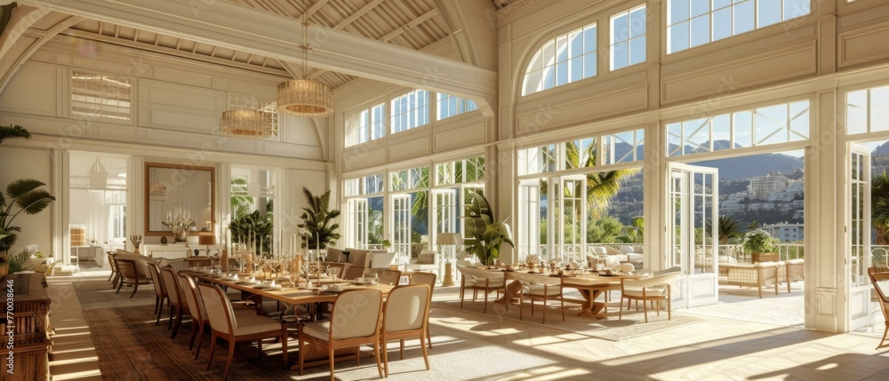 Poster a large dining room with a lot of windows and tables. generative ai.