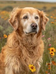 A dog sitting in a field of flowers with some grass. Generative AI.