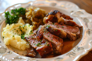 Appetizing Bavarian roast pork knuckle with sauerkraut. Oktoberfest menu. - obrazy, fototapety, plakaty