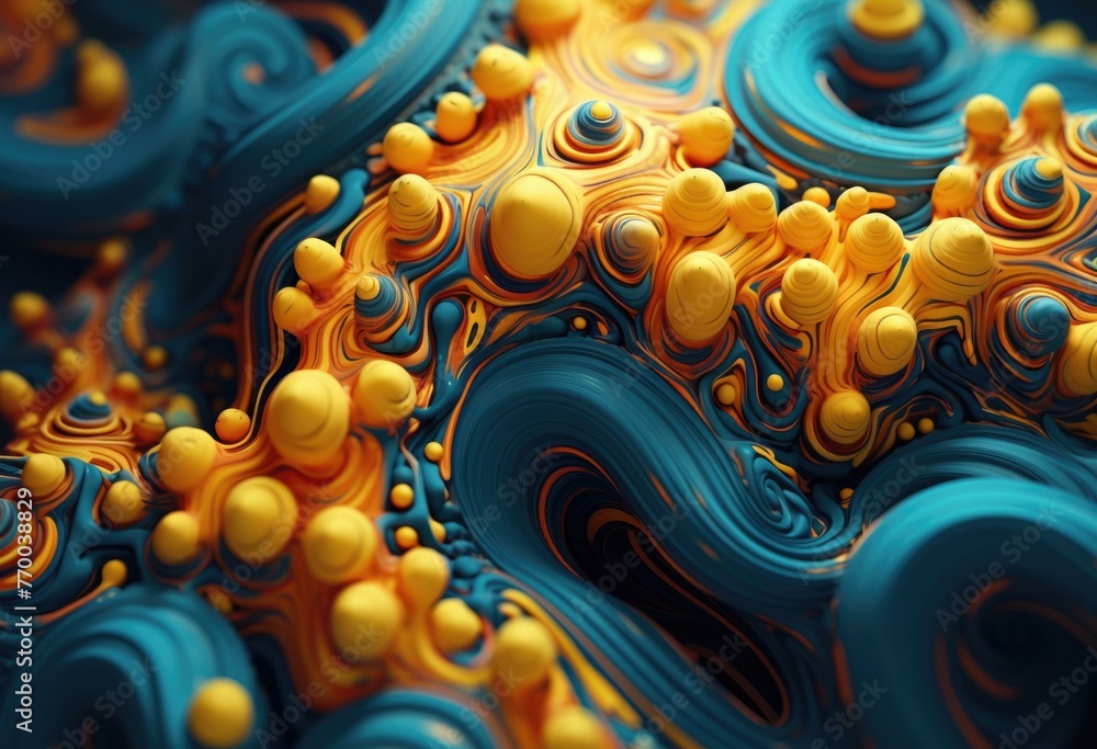 Poster a close up of a swirling pattern made from blue and yellow. generative ai.
