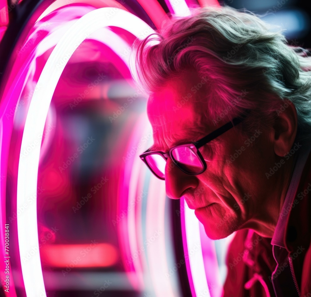 Poster a man with glasses looking at a neon sign in front of him. generative ai.