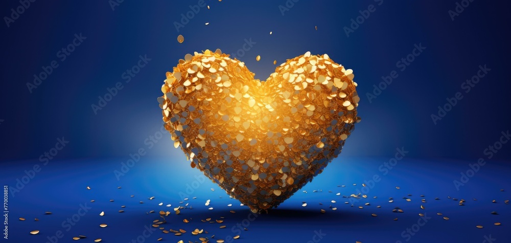 Poster a heart shaped gold coin is falling from the sky. generative ai.