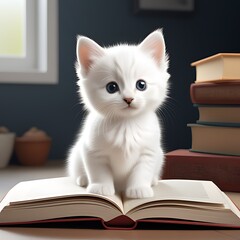 Generative ai. there is a white kitten sitting on top of a book, there is a book next to the cat, ultra realistic picture