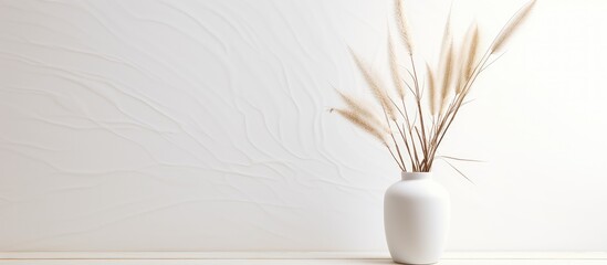 Naklejka premium A white flowerpot containing dried grass is placed against a white wall. The natural materials contrast with the electric blue tint of the feather on the wall