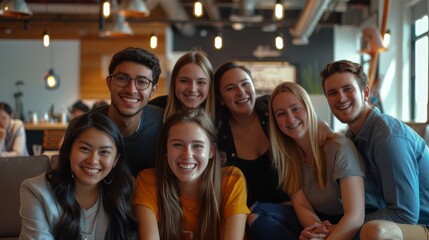 Group of diverse young adults smiling together in a cafe environment. Casual social gathering concept