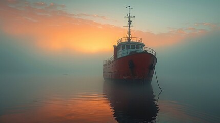 A red ship moored on a calm sea with a misty sunrise in the background