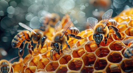 The honeycomb serving as a bustling hub of activity, with bees diligently working to fill each cell with nectar, a testament to the collective industry of the hive.