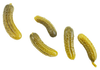 Group of pickled cucumbers isolated on a white background, view from above. Cornichons - small pickled cucumbers.