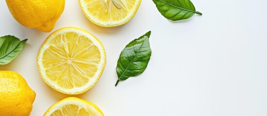 Lemon slices and a leaf isolated on a white background with space for text. Flat lay view from above - Powered by Adobe