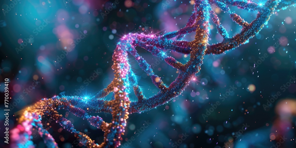 Poster a close up of a dna strand with colorful dots. generative ai.