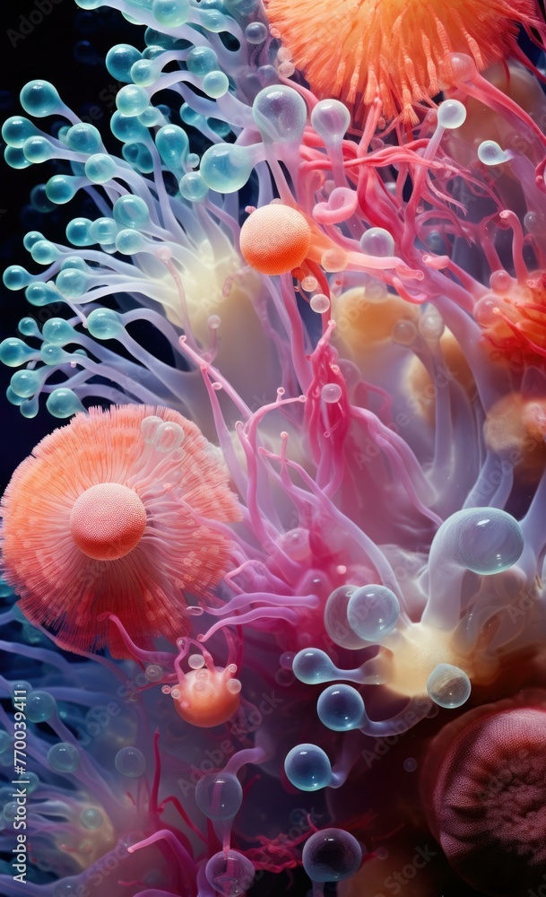 Poster a close up of a colorful sea anemone with many tentacles. generative ai.