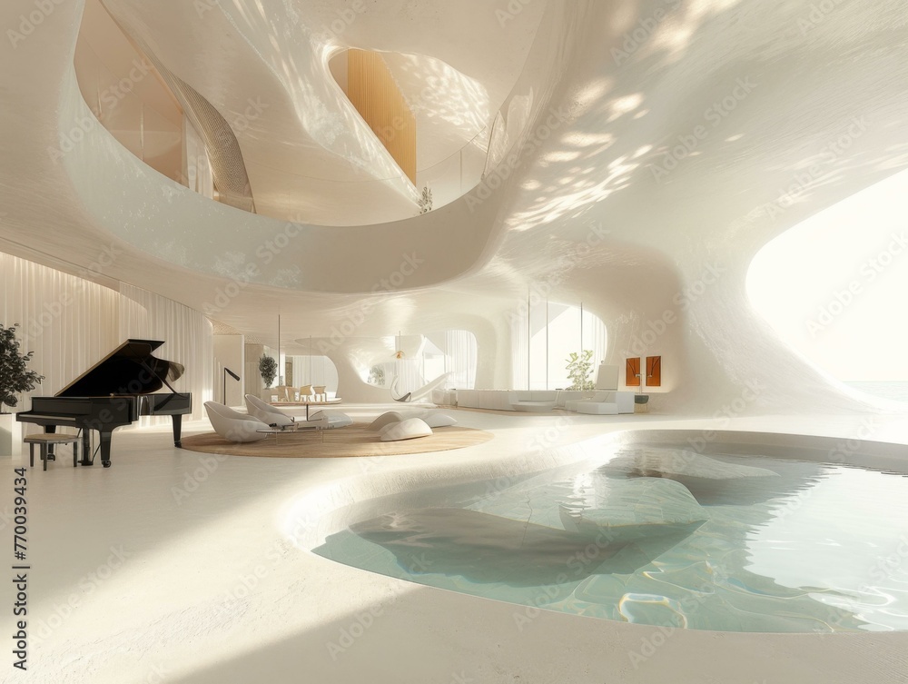 Aufkleber a large room with a piano and pool in it. generative ai.