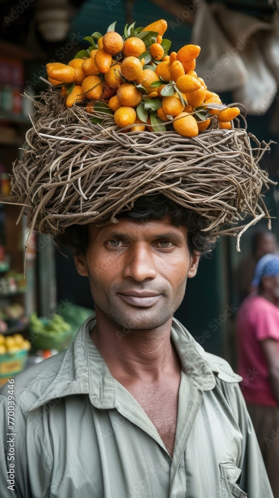 Aufkleber a man with a basket of oranges on his head. generative ai.
