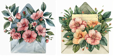Charming watercolor clip art of an envelope embellished with a delightful bouquet of camellia flowers and lush green leaves. The pastel color palette and delicate details create a cute  - obrazy, fototapety, plakaty