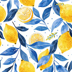 Charming watercolor seamless pattern featuring lemons and blue leaves in soft pastel hues. Ideal for wallpapers, fabric designs, and summer-themed merchandise