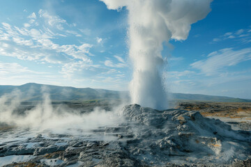 Fototapeta na wymiar A large geyser spews steam and water into the air