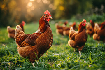 A flock of chickens roam in green paddock. Free range chicken on traditional poultry farm. Organic farming, back to nature concept