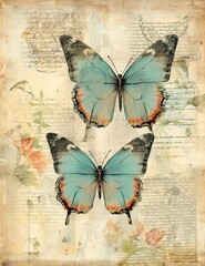 Vintage book page with butterfly, stamperia, watercolor style art, beautiful antique vintage page old paper,
