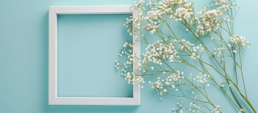 Romantic floral arrangement with white baby's breath flowers and a picture frame on a soft blue backdrop. Perfect for occasions like Valentine's Day, Easter, birthdays, Women's Day, and Mother's Day.