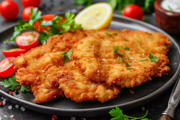 Fototapeta premium Breaded wiener schnitzel with potato fries and sauce.