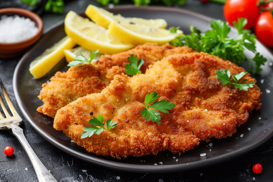 Breaded wiener schnitzel with potato fries and sauce.