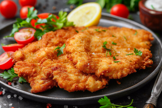 Breaded wiener schnitzel with potato fries and sauce.