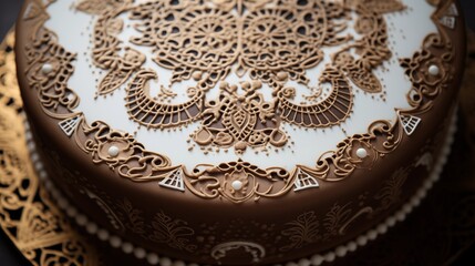 Overhead view of an ornate henna-inspired cake with intricate patterned lace details.