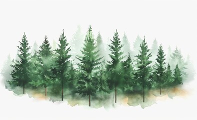 Fototapeta premium Simple watercolor clipart of an evergreen forest with pine trees, in muted greens and earth tones isolated on a white background