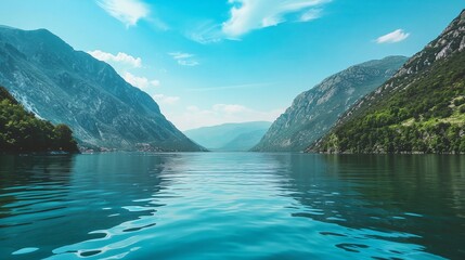 a lake with mountains in the background and a blue sky above it - obrazy, fototapety, plakaty