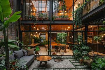 A stylish townhouse with a mix of modern and traditional architecture, landscaped courtyards, and communal amenities. - obrazy, fototapety, plakaty