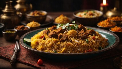 A plate of biryani with a bunch of food on it - Powered by Adobe