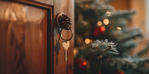 A festive keychain hanging on a doorknob in a cozy home symbolizing a new beginning. Concept New Beginnings, Home Decor, Festive Season, Keychain Decoration, Cozy Atmosphere